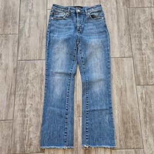 Risen Jeans Size 7/28 Cropped Raw Hem Blue High Rise Stretch Distressed Casual
